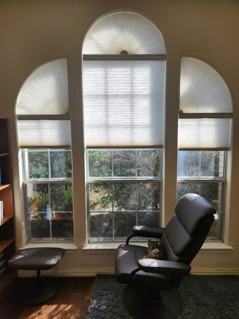 Cellular honeycomb shades on arched triple windows in a living room with leather chair