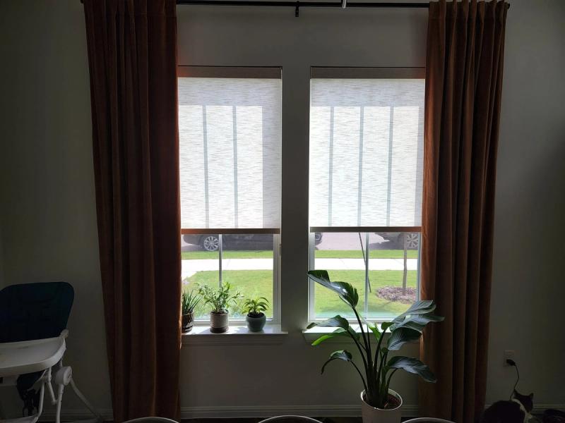 Two solar roller shades with rust-colored side drapes over double windows, indoor plants on sill
