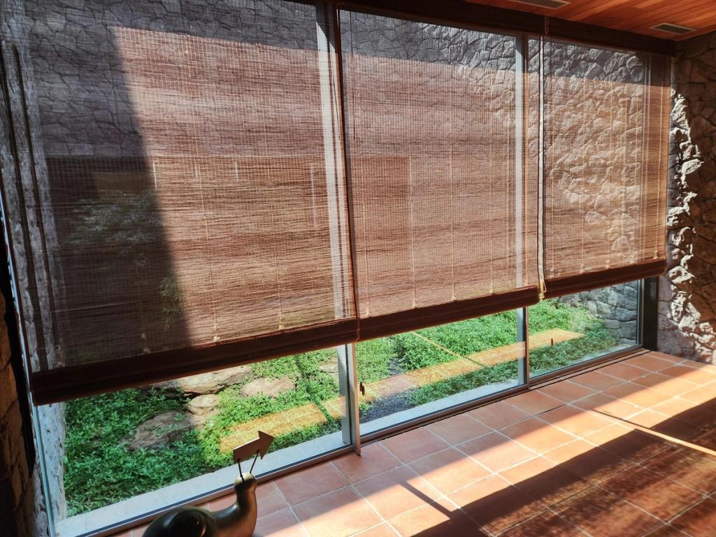Three woven bamboo roller shades partially lowered over large glass windows overlooking a green garden
