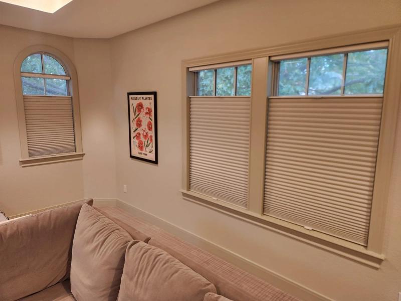 Cellular honeycomb shades on large triple window and arched window in cozy living room