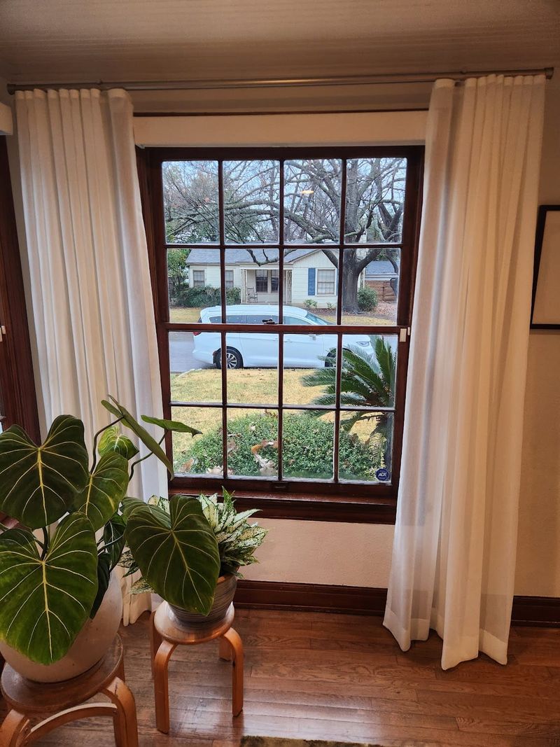 White sheer drapery panels on rod framing large multi-pane wood window with street view