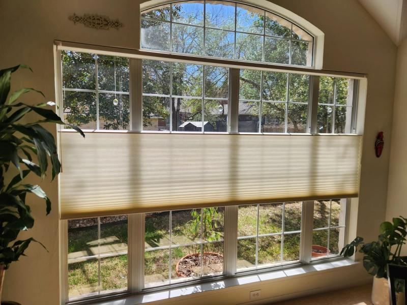 Cream cellular honeycomb shade partially lowered on large multi-pane arched window indoors