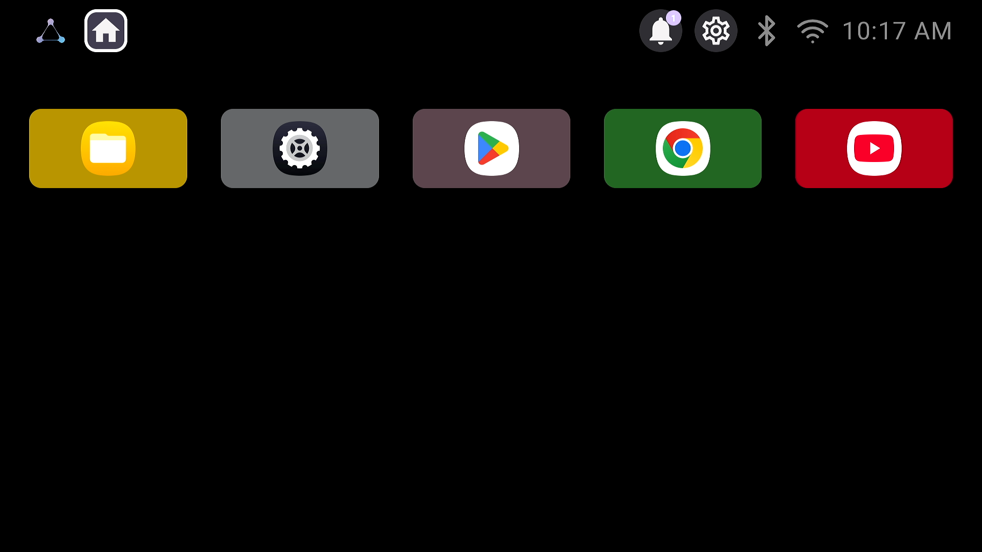 Updated Z Box Launcher UI home screen with large app tiles, system status icons, and a dark living-room layout.