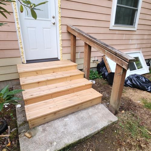 New staircase, door, and rot repair, pre-finished