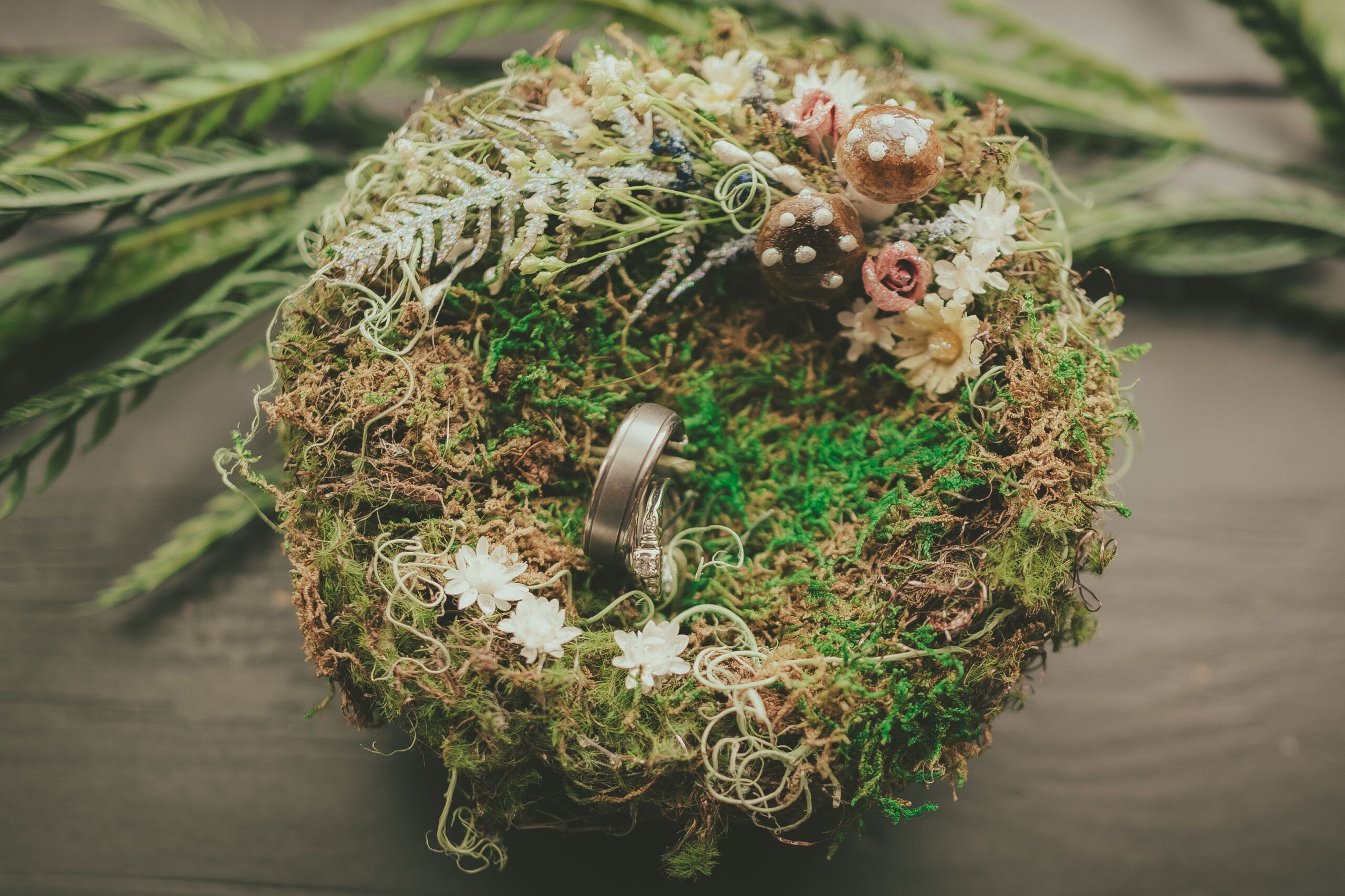 Wedding rings nestled in moss and tiny flowers.