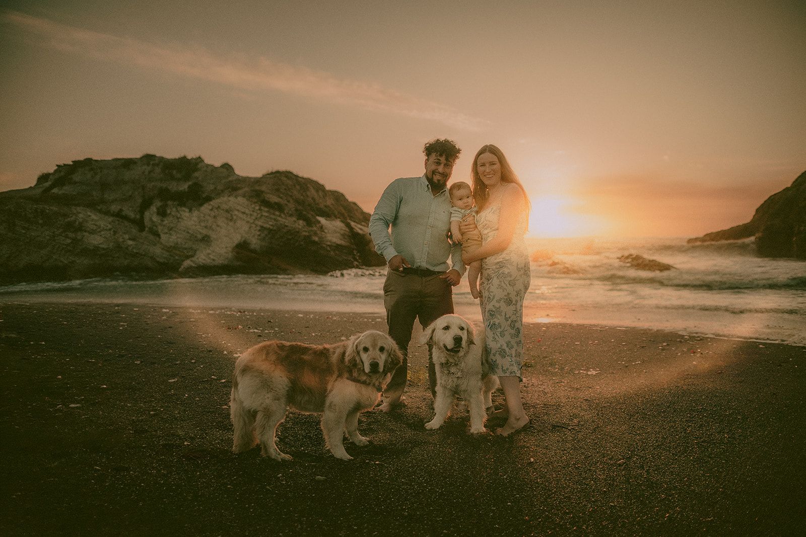 Family with their baby and two dogs at sunset on the beach