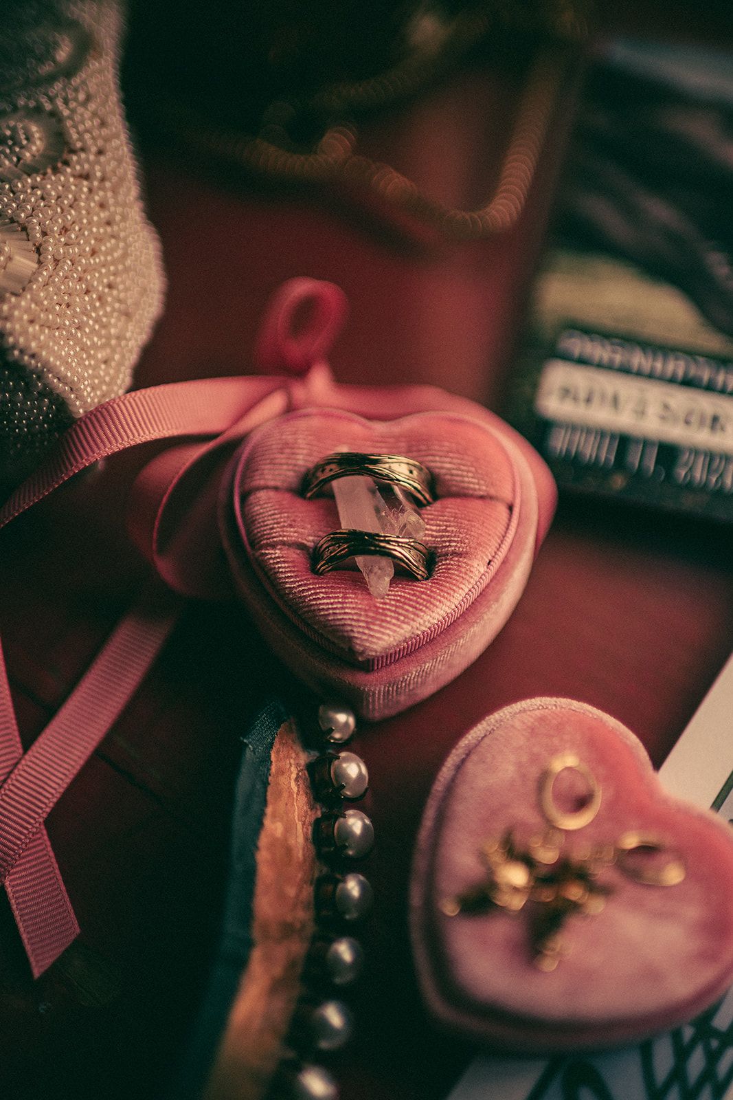 Wedding rings inside a pink heart-shaped case at the Madonna Inn