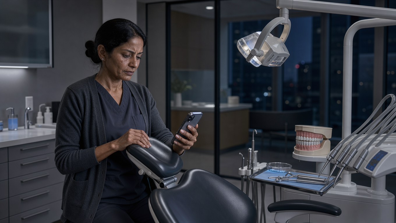 Dentist reviewing an Apple Maps search for a nearby dental practice on an iPhone