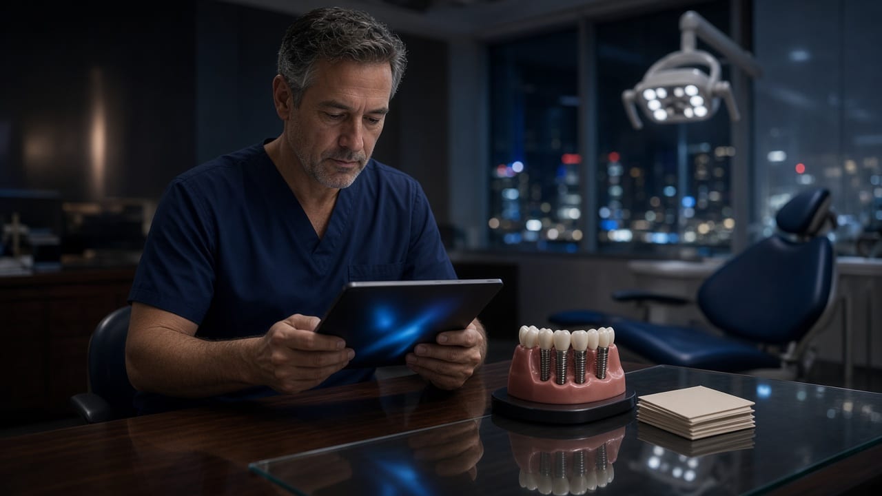Dentist reviewing a direct mail postcard and a call-tracking report at a front desk for a full-arch implant campaign