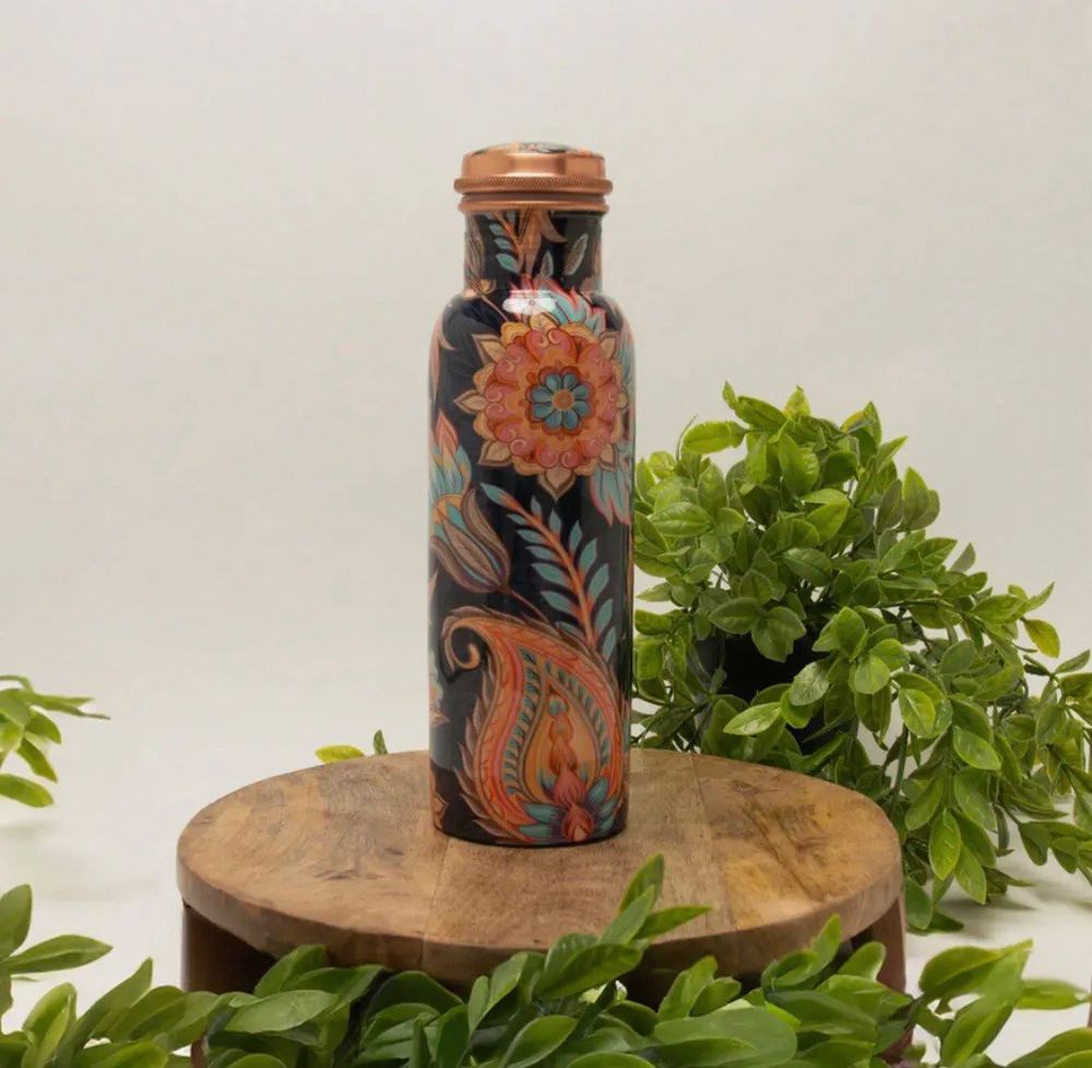 Pure Copper Water Bottle with Floral Print  750 Ml