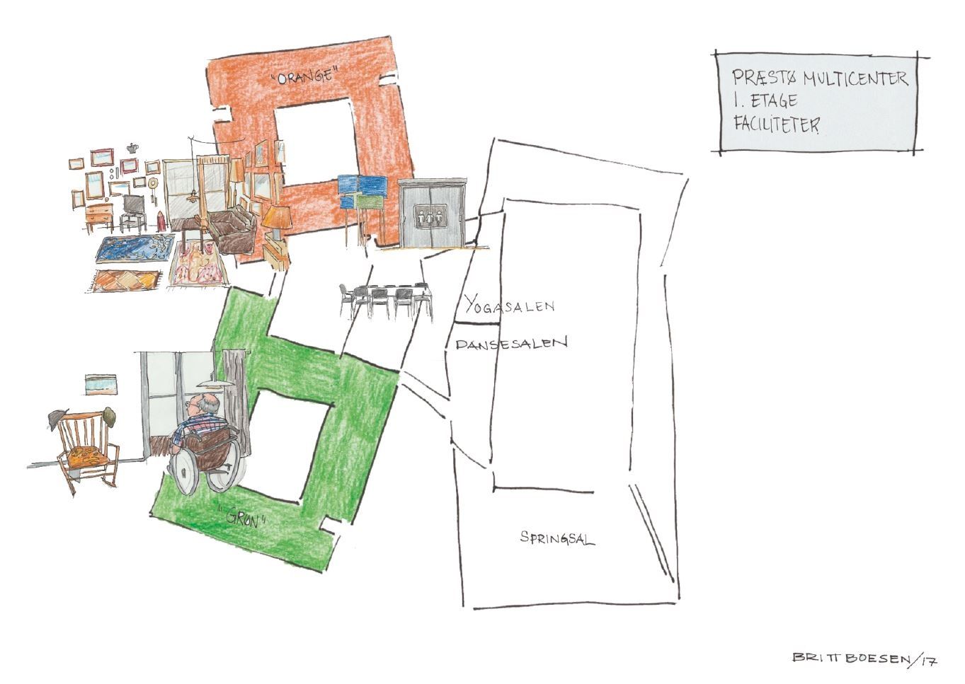 Tegning af funktioner og indretning i Præstø Muliticenter