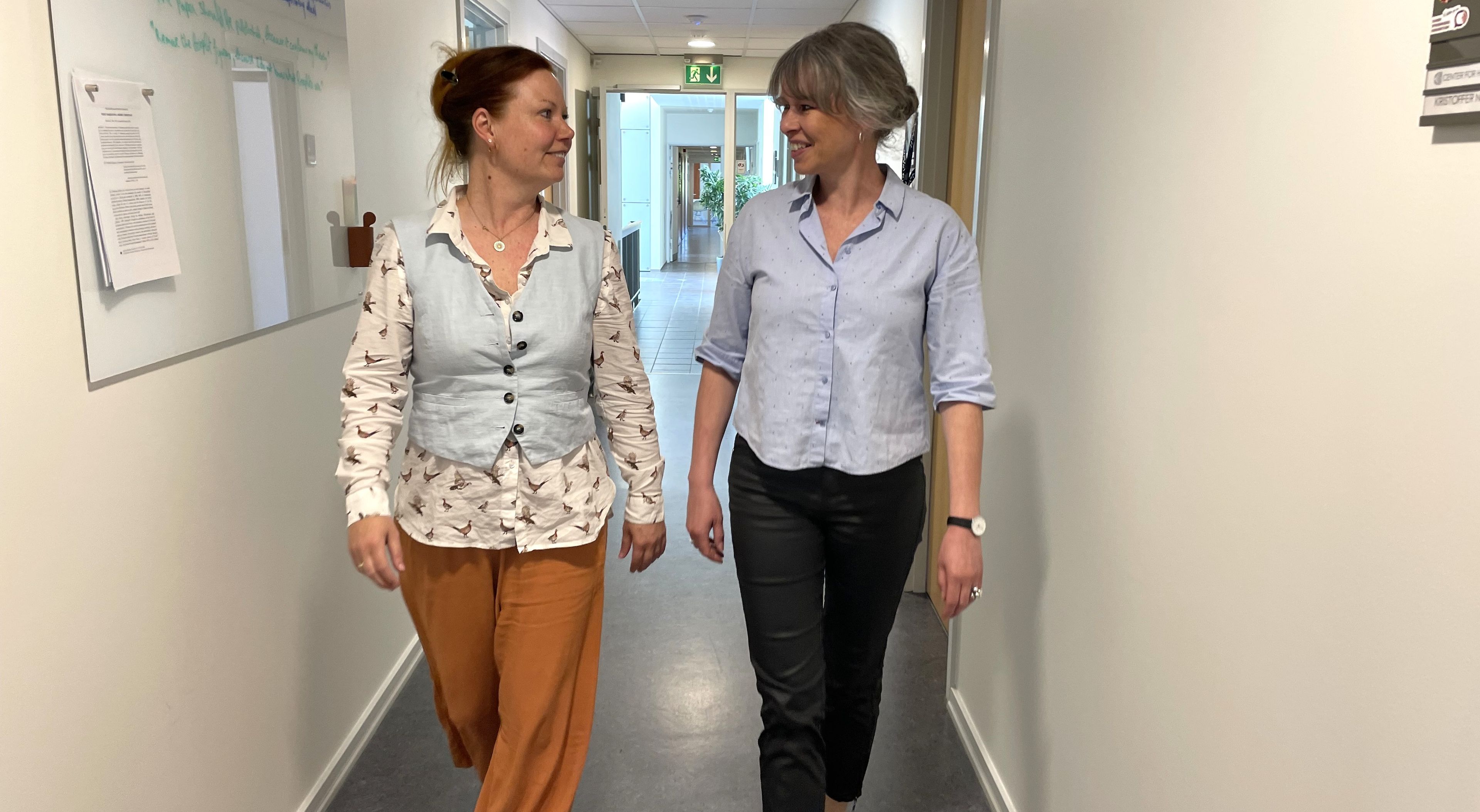 Karrierlæringsforskere Rie Thomsen og Randi Boelskifte Skovhus går ned ad en gang på universitetet