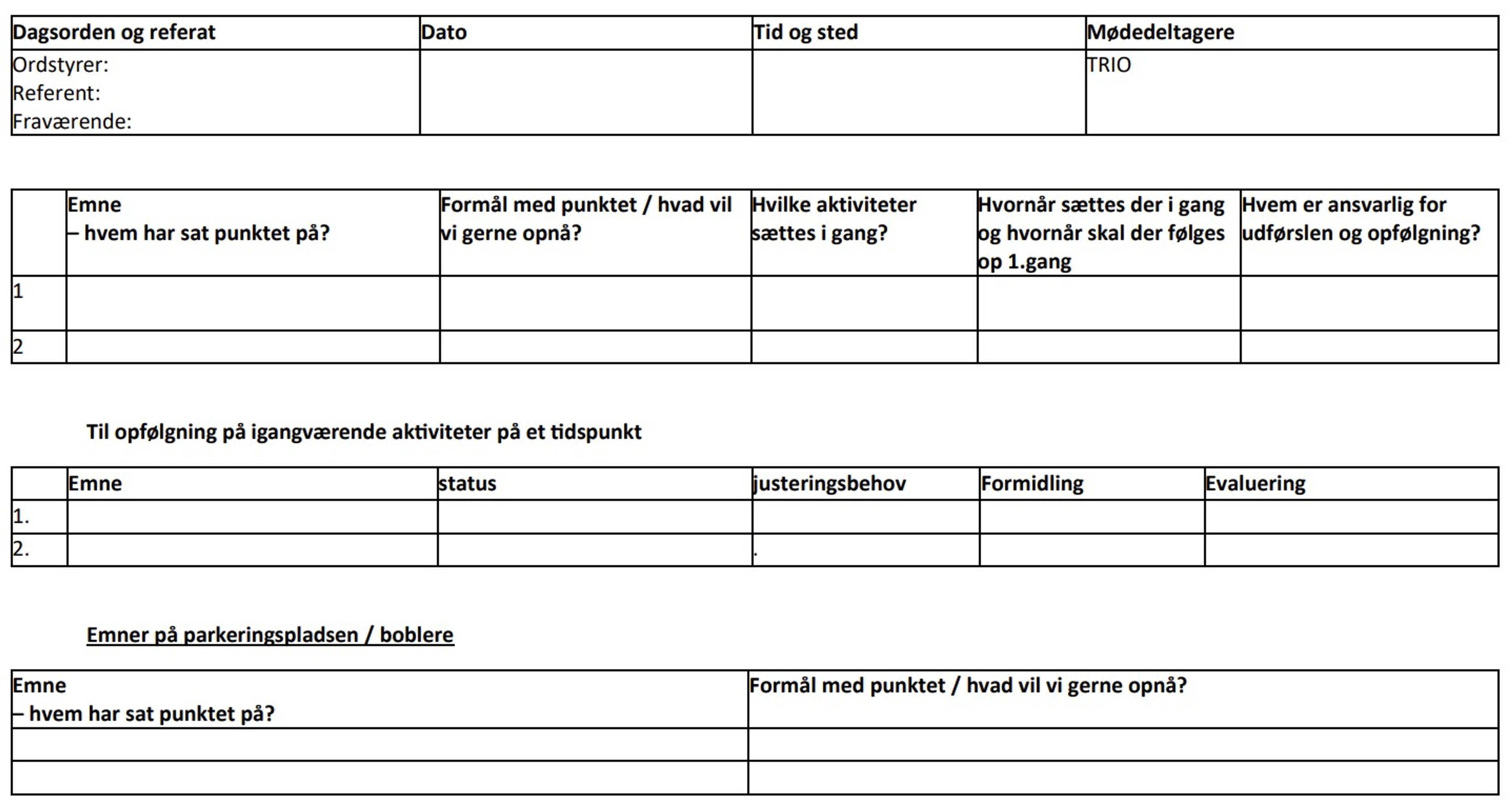 Se skabelon for dagsorden og referat