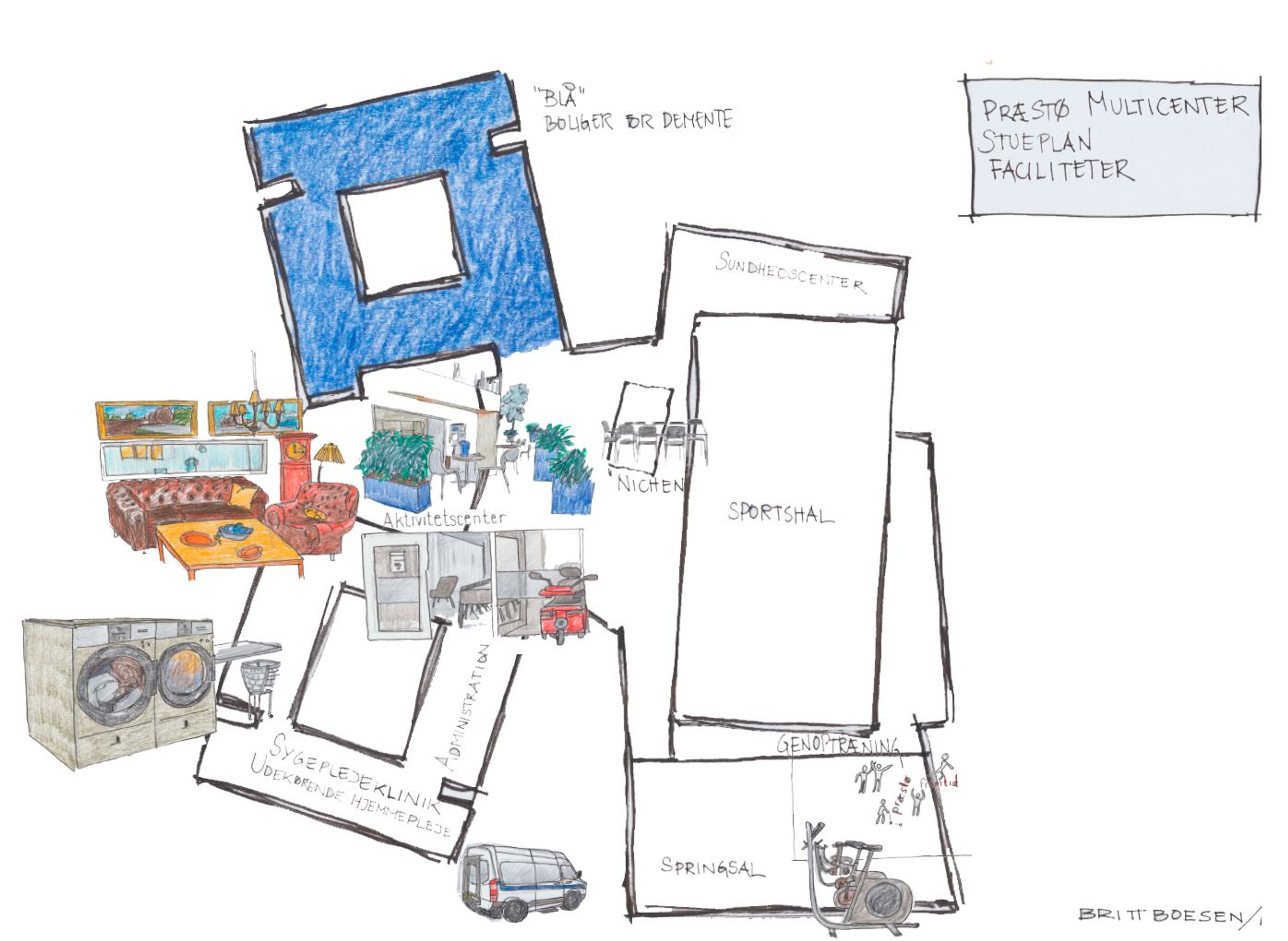 Tegning af funktioner og indretning i Præstø Muliticenter