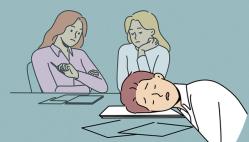 Kedeligt møde med utålmodige deltagere og sovende mand