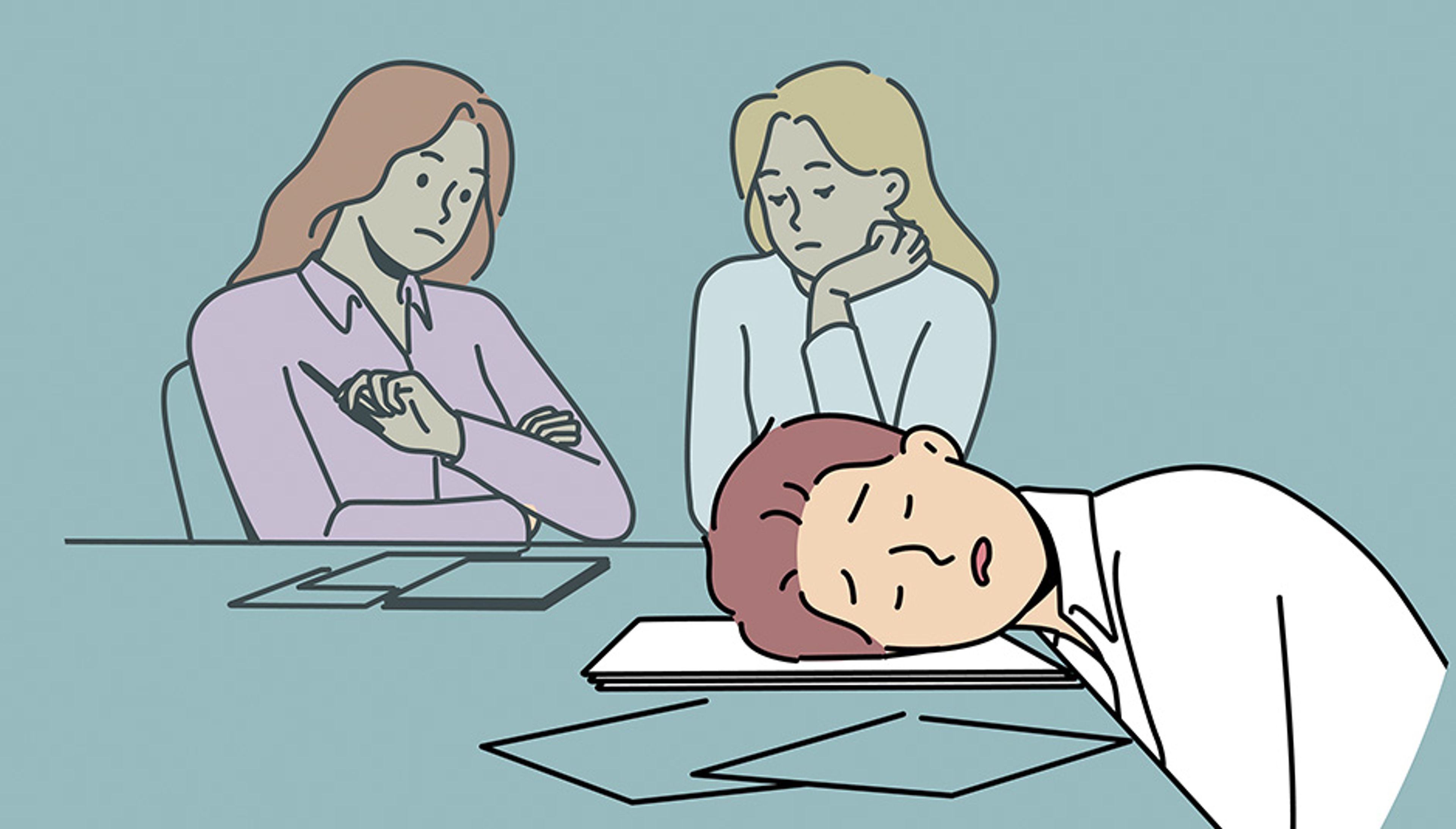 Kedeligt møde med utålmodige deltagere og sovende mand