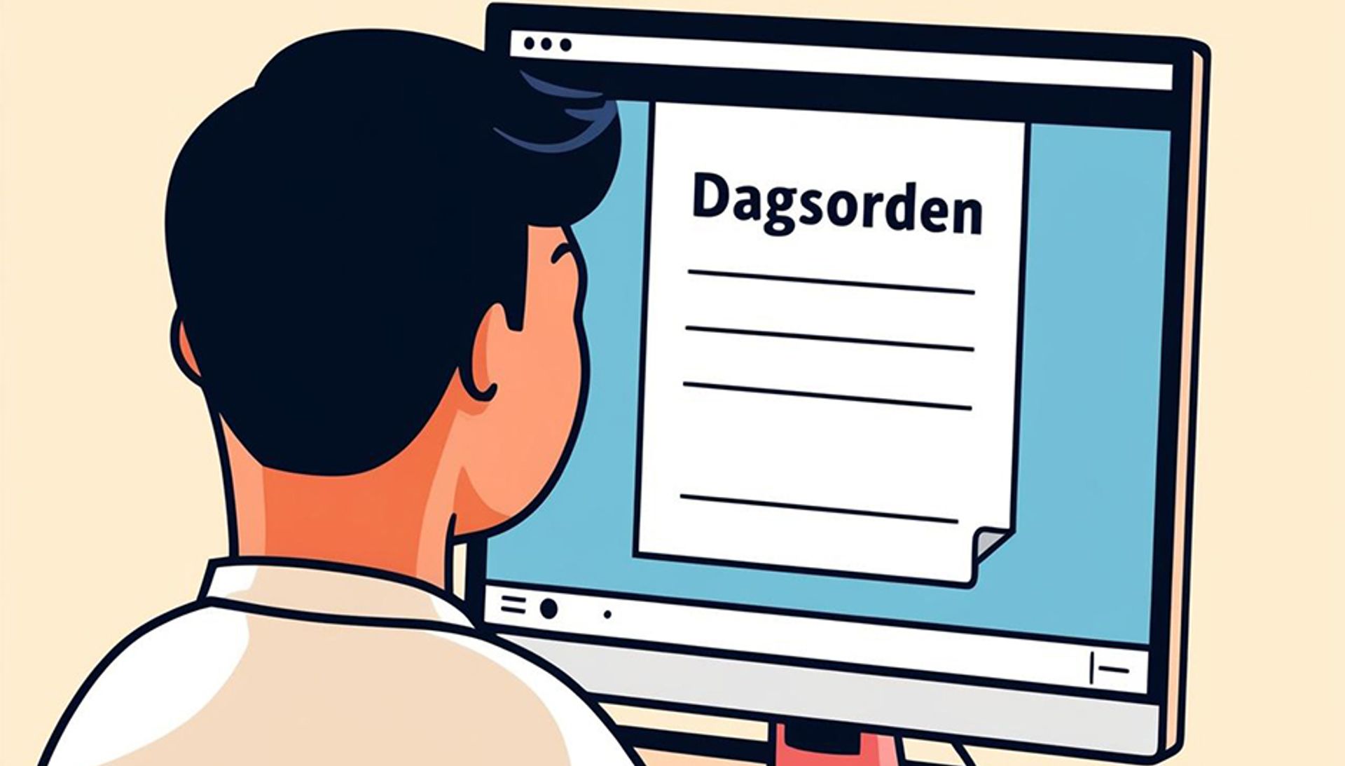 mand ser på computerskærm med åbent dokument med ordet dagsorden 