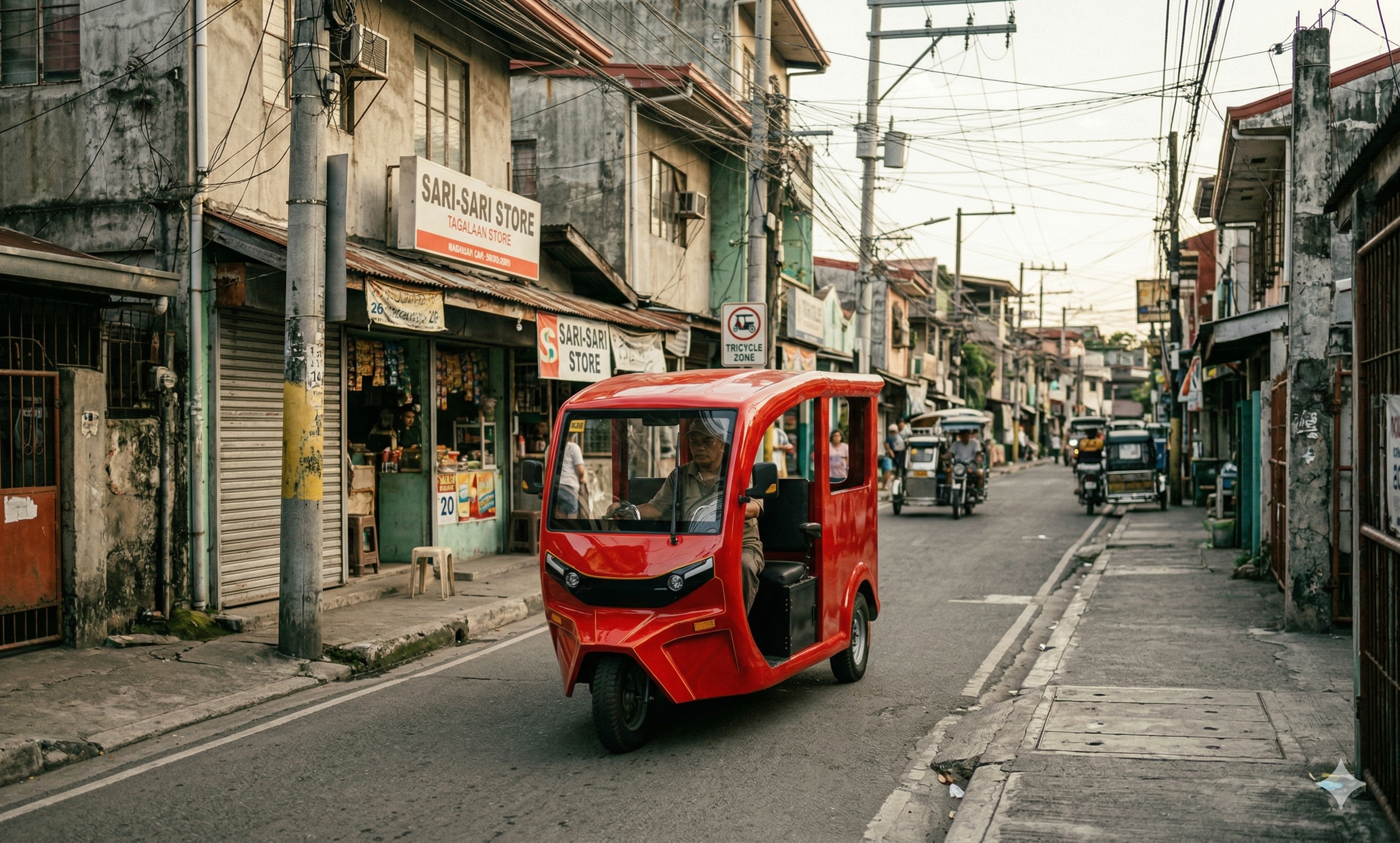 GEM compact electric tricycle on narrow road