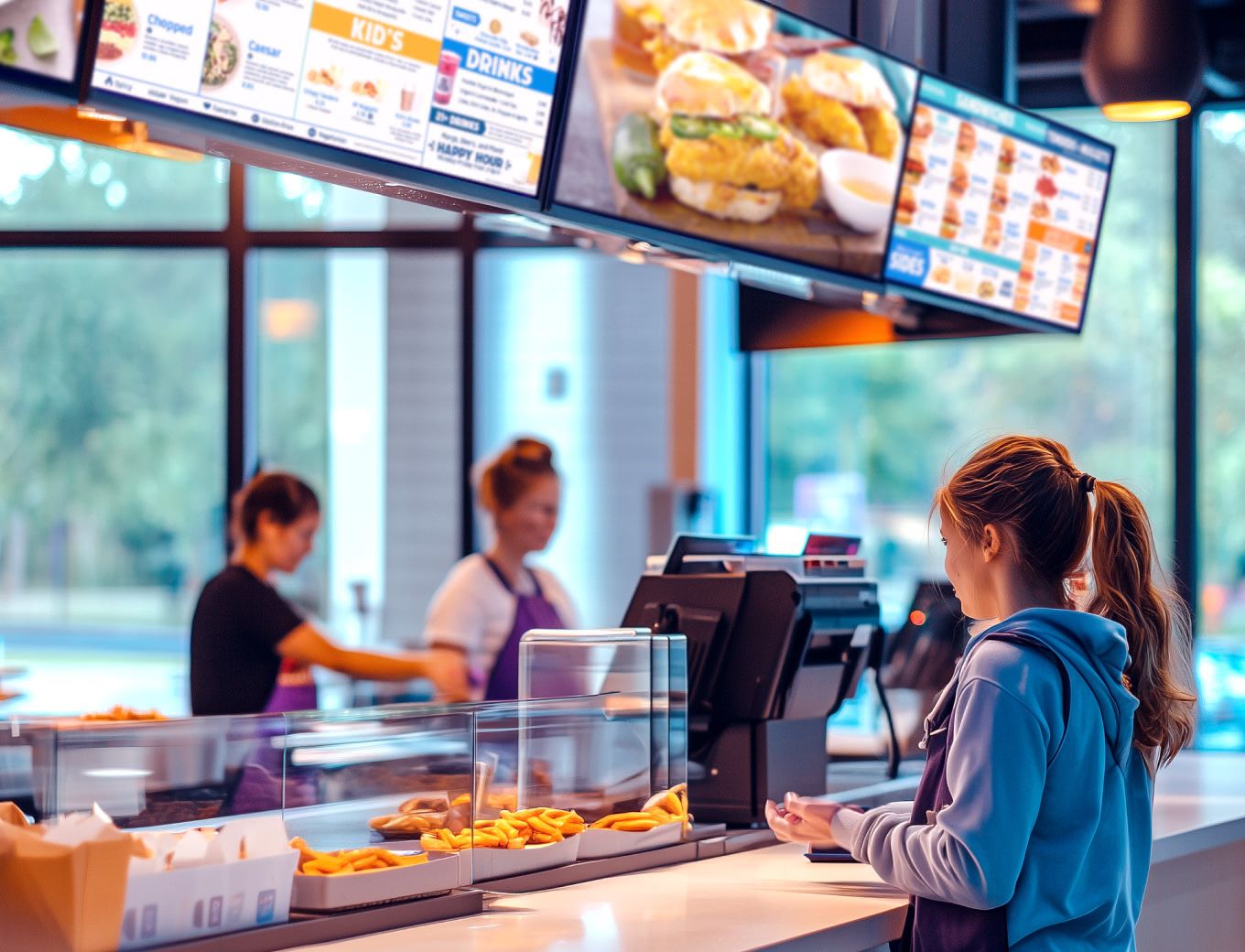 Woman at a quick service restaurant counter with menus displayed over her head