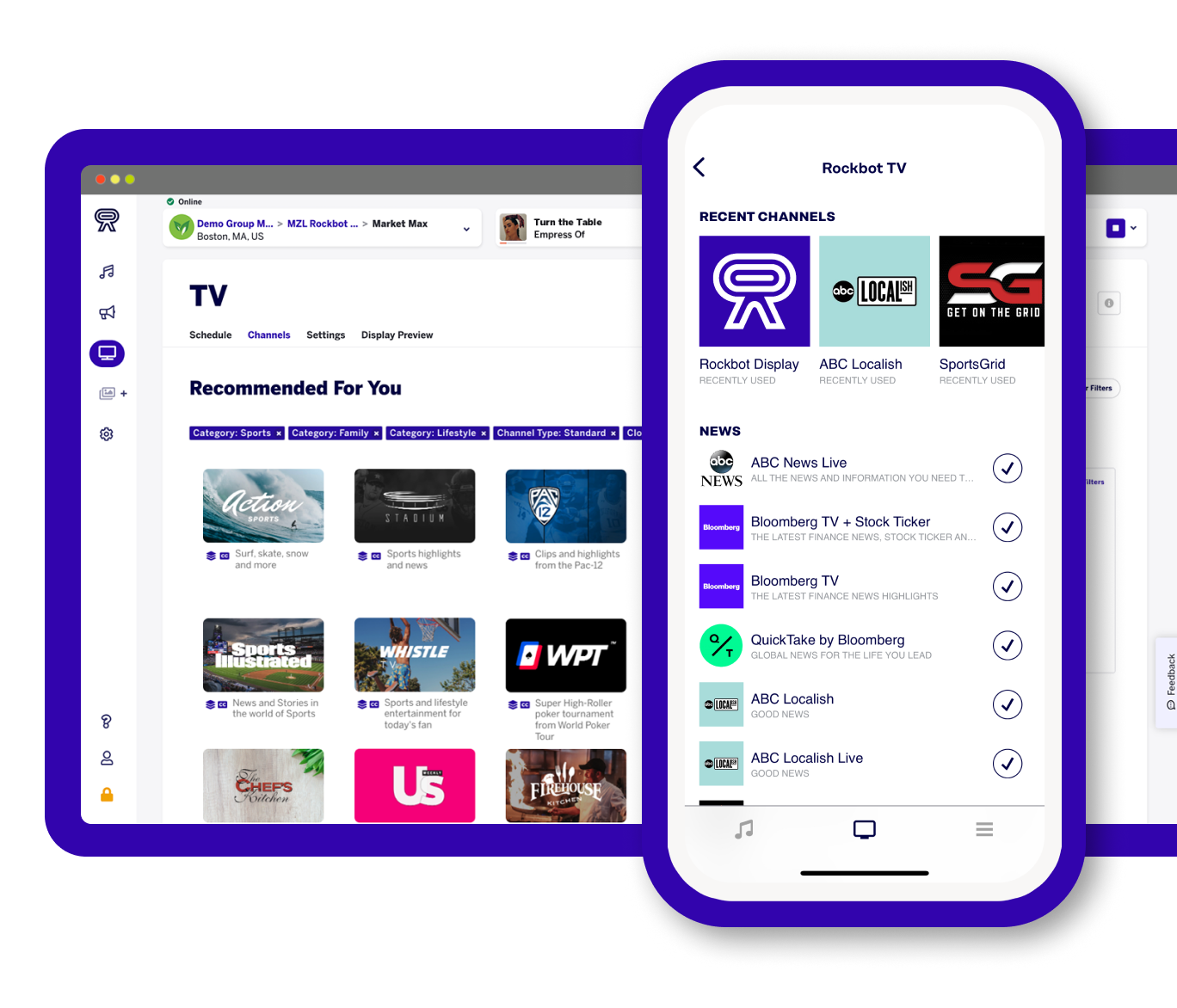 Screenshot of Rockbot's TV Desktop interface and the Rockbot Remote App