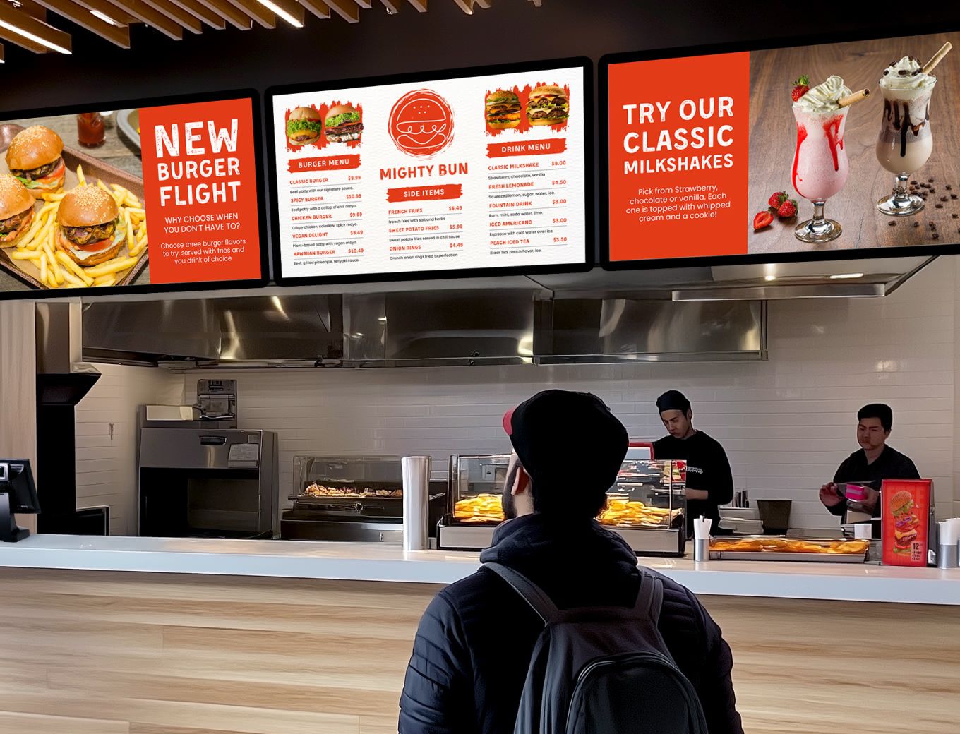 Fast food counter with menus displayed in the back