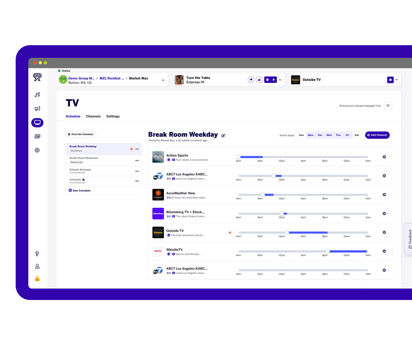 Screenshot of Rockbot's TV scheduling interface