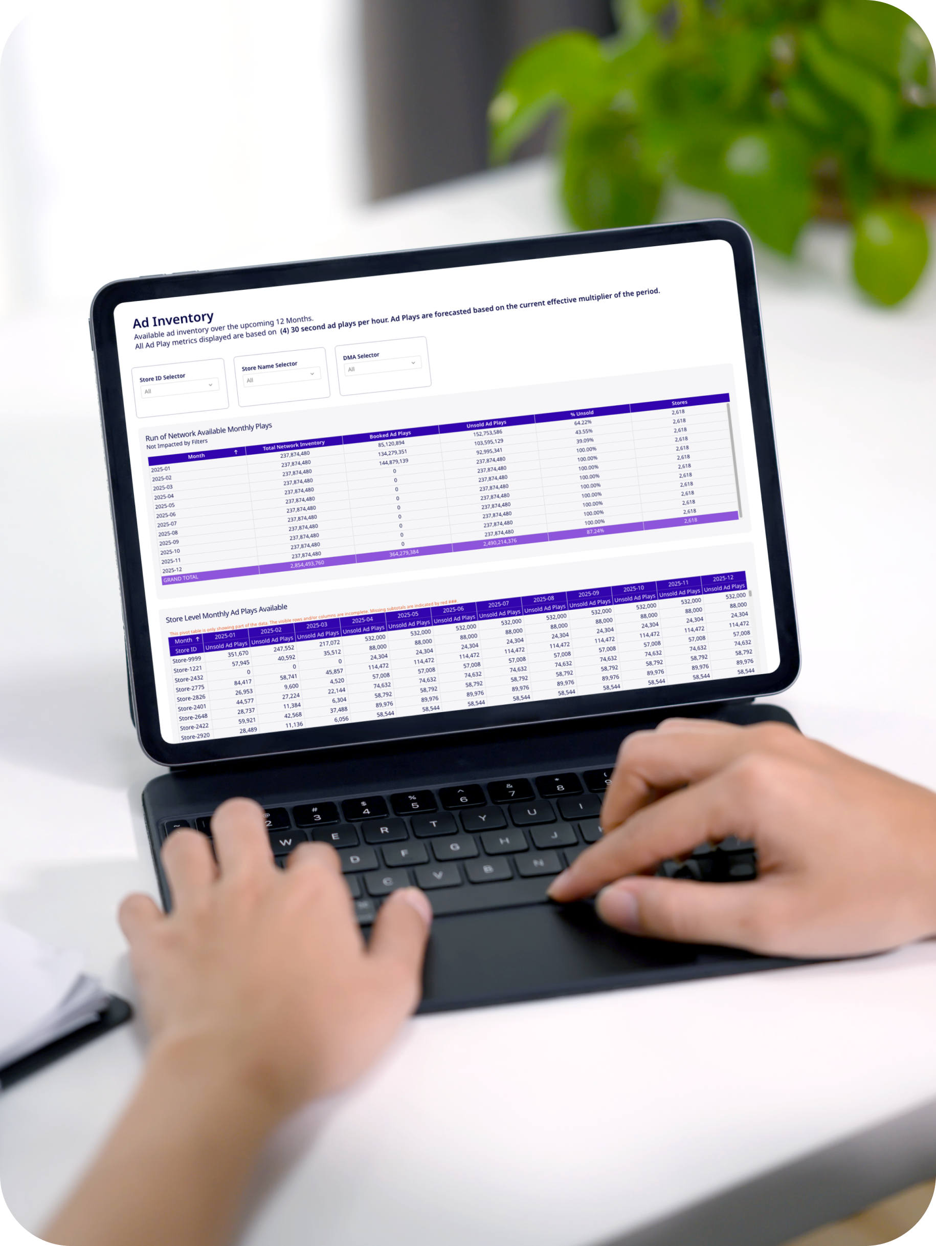 Person on a tablet looking at Rockbot Retail Media analytics data