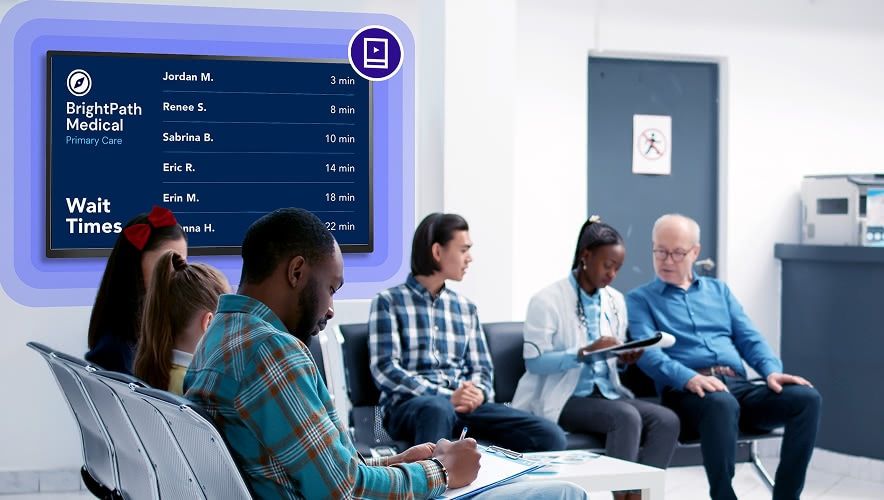 Patients waiting in a medical office with a digital waitlist screen showing wait times and patient status.