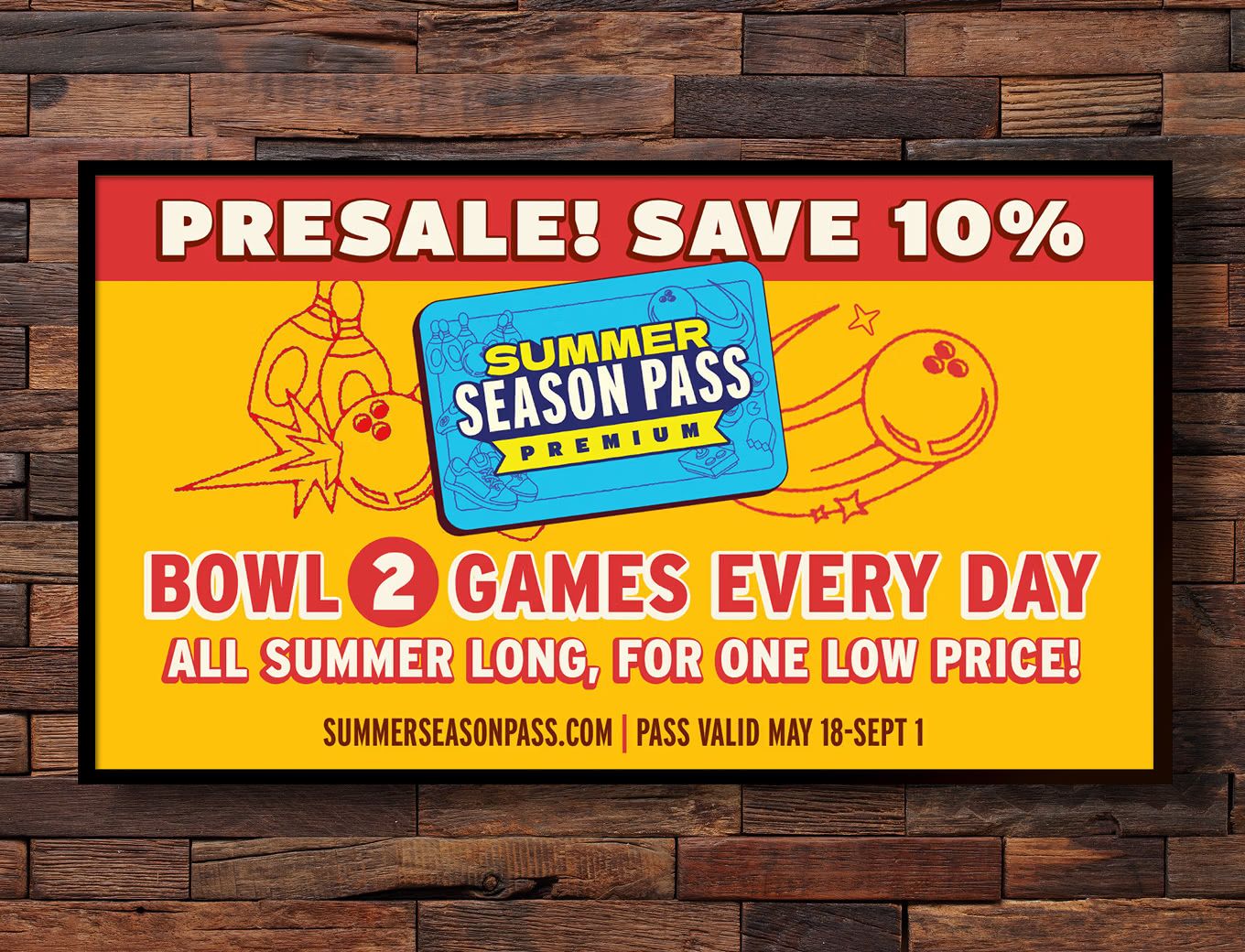 Lucky Strike digital signage displaying a summer season pass presale promotion with bowling imagery