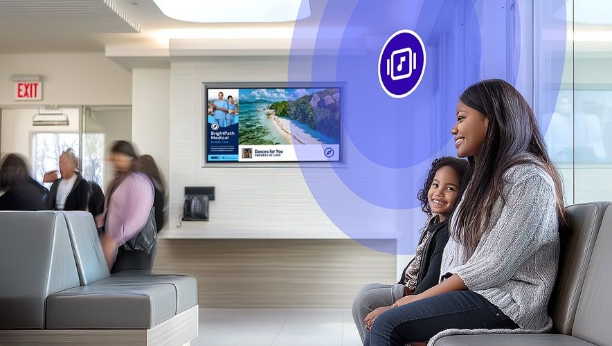 Patients and a child seated in a healthcare waiting room with ambient background music creating a calm atmosphere.