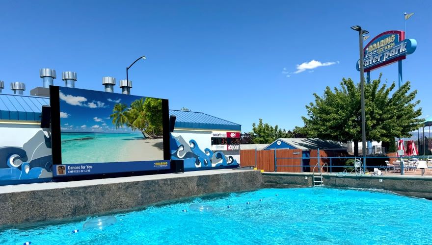 Roaring Springs Waterpark aerial view of wave pool and water slides