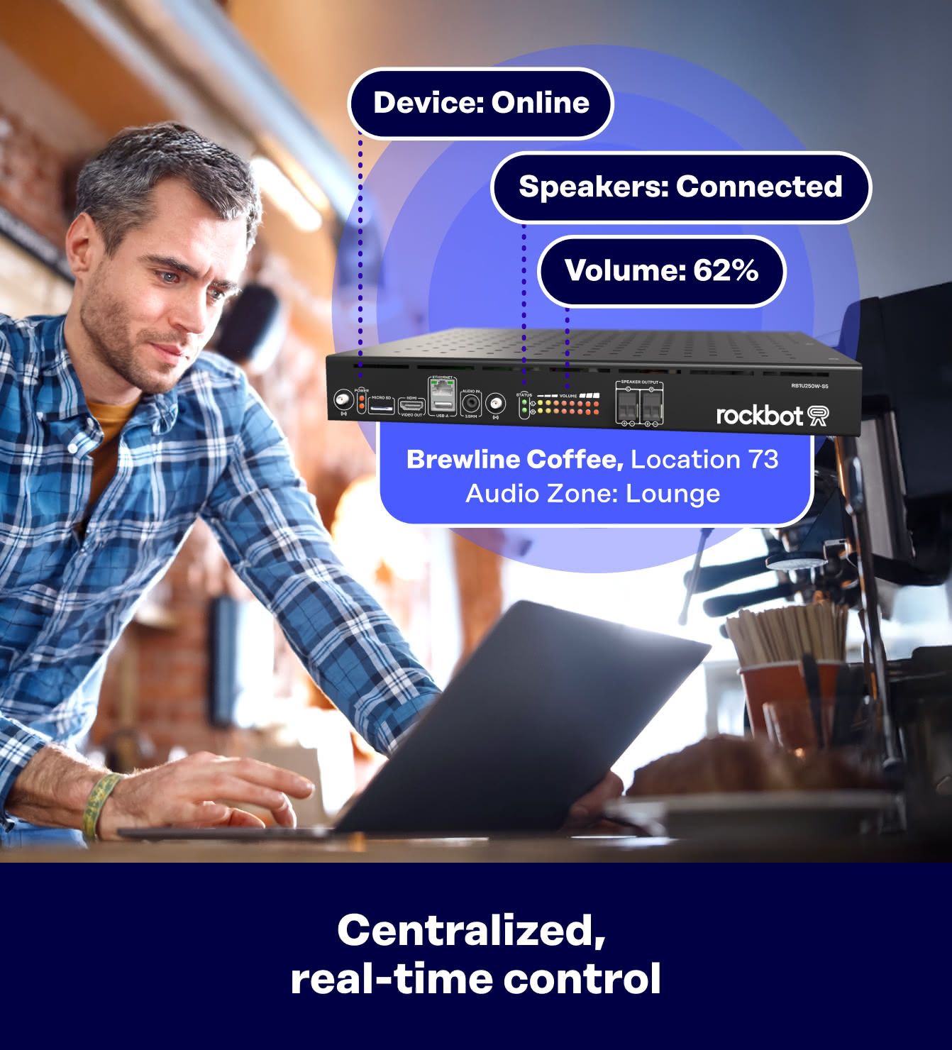 Manager viewing Rockbot Smart Amp online connection status and speaker connection and volume showing connected control from a single platform.
