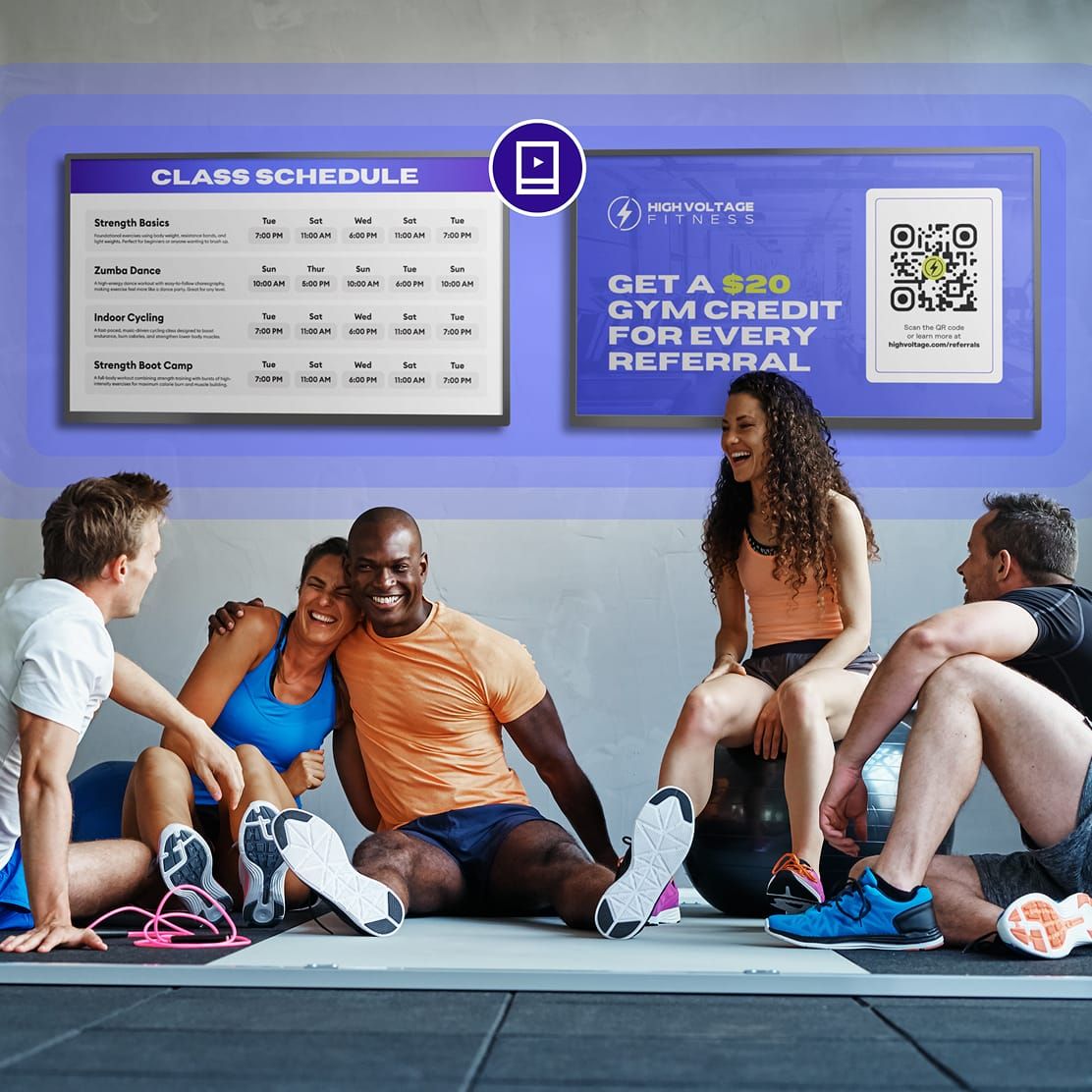 Boutique fitness class with Rockbot digital signage for fitness centers