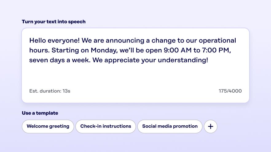 Rockbot AI Voice creation screen showing a script typed into the text field with template options including Welcome greeting, Check-in instructions, and Social media promotion.