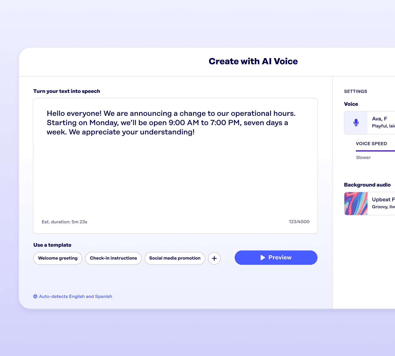 Rockbot Dashboard showing the AI Voice creation flow – text input field with a sample store hours message and voice selection panel with talent options