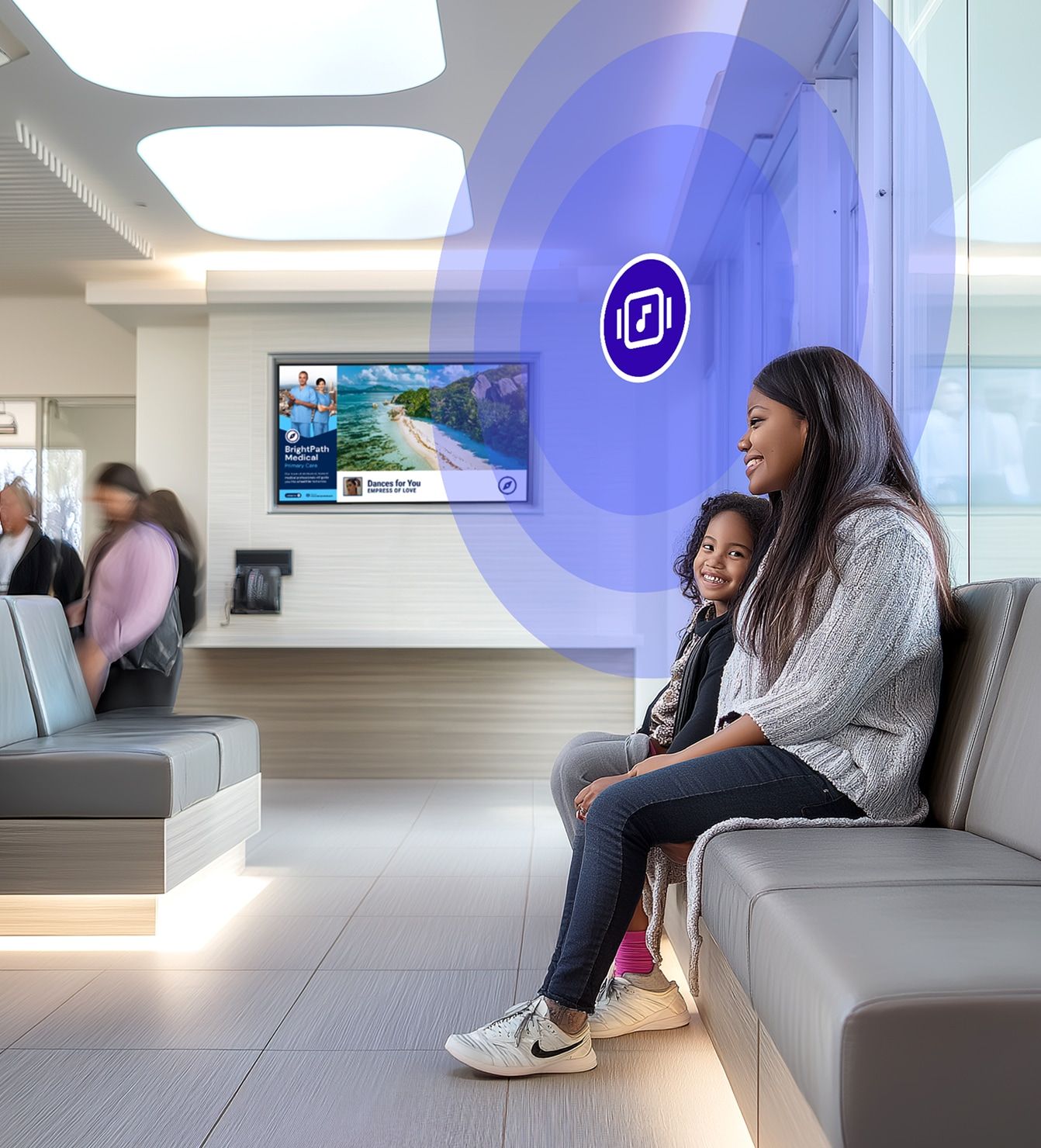 Patients and a child seated in a healthcare waiting room with ambient background music creating a calm atmosphere.