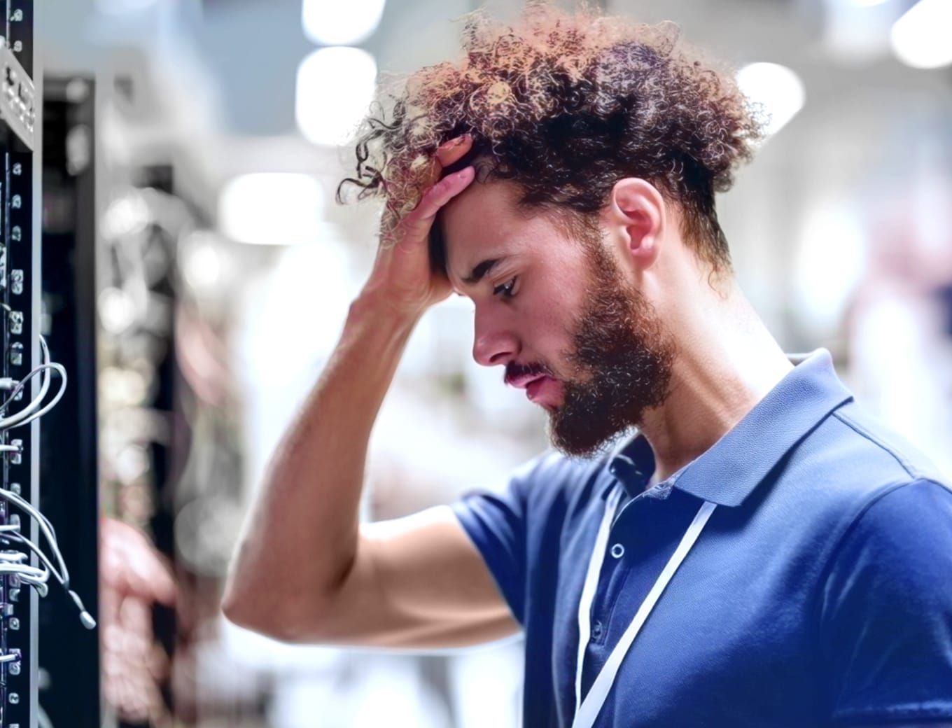 Frustrated technician troubleshooting disconnected business audio equipment