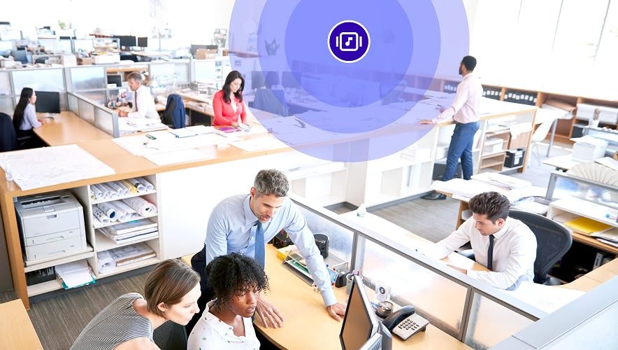 Rockbot music playing across an open corporate office floor