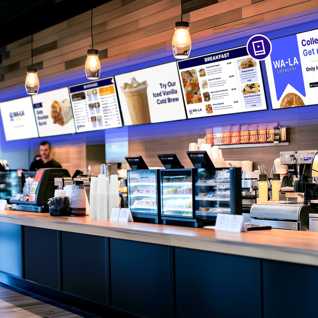A cafe counter with Rockbot Menus being shown overhead