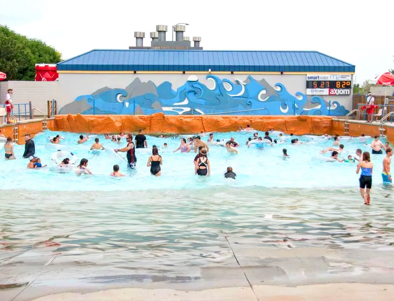 Roaring Springs Wave Pool with large video screen before Rockbot media upgrade