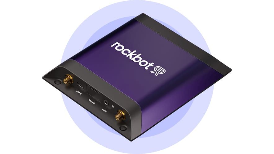 Rockbot Media Player device angled on white background, showing BrightSign-powered business media hardware for music, TV, and signage.