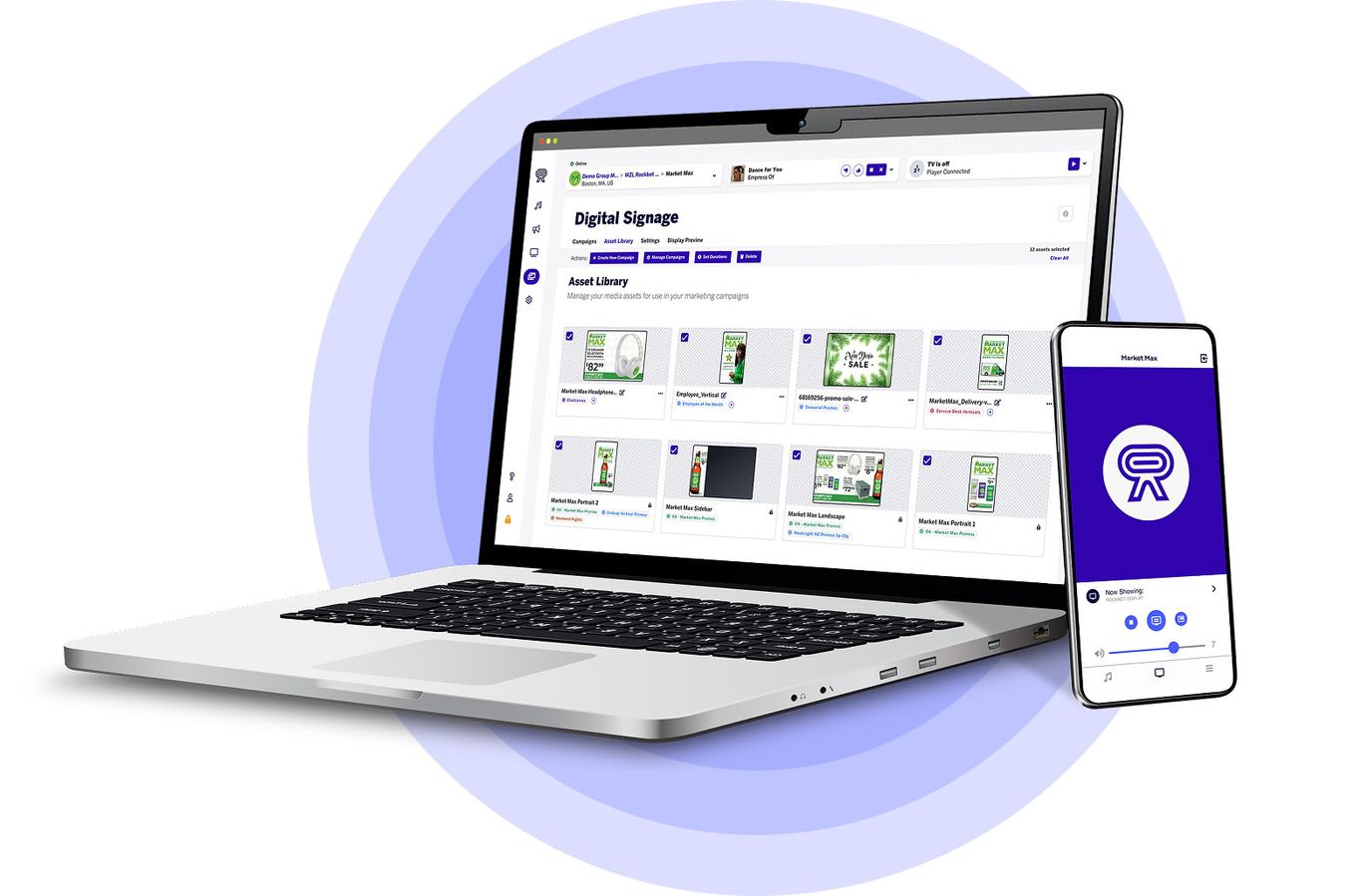 The Rockbot dashboard on a laptop and the Rockbot Remote app on a phone