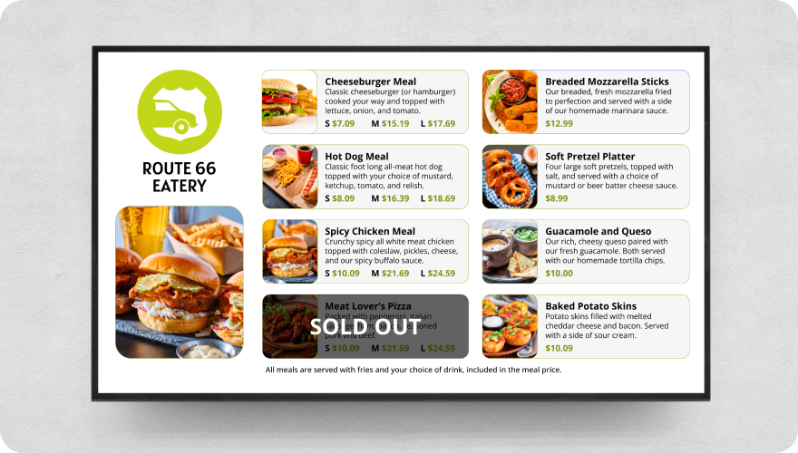 A menu example showcasing POS integration with a menu item marked as sold out.