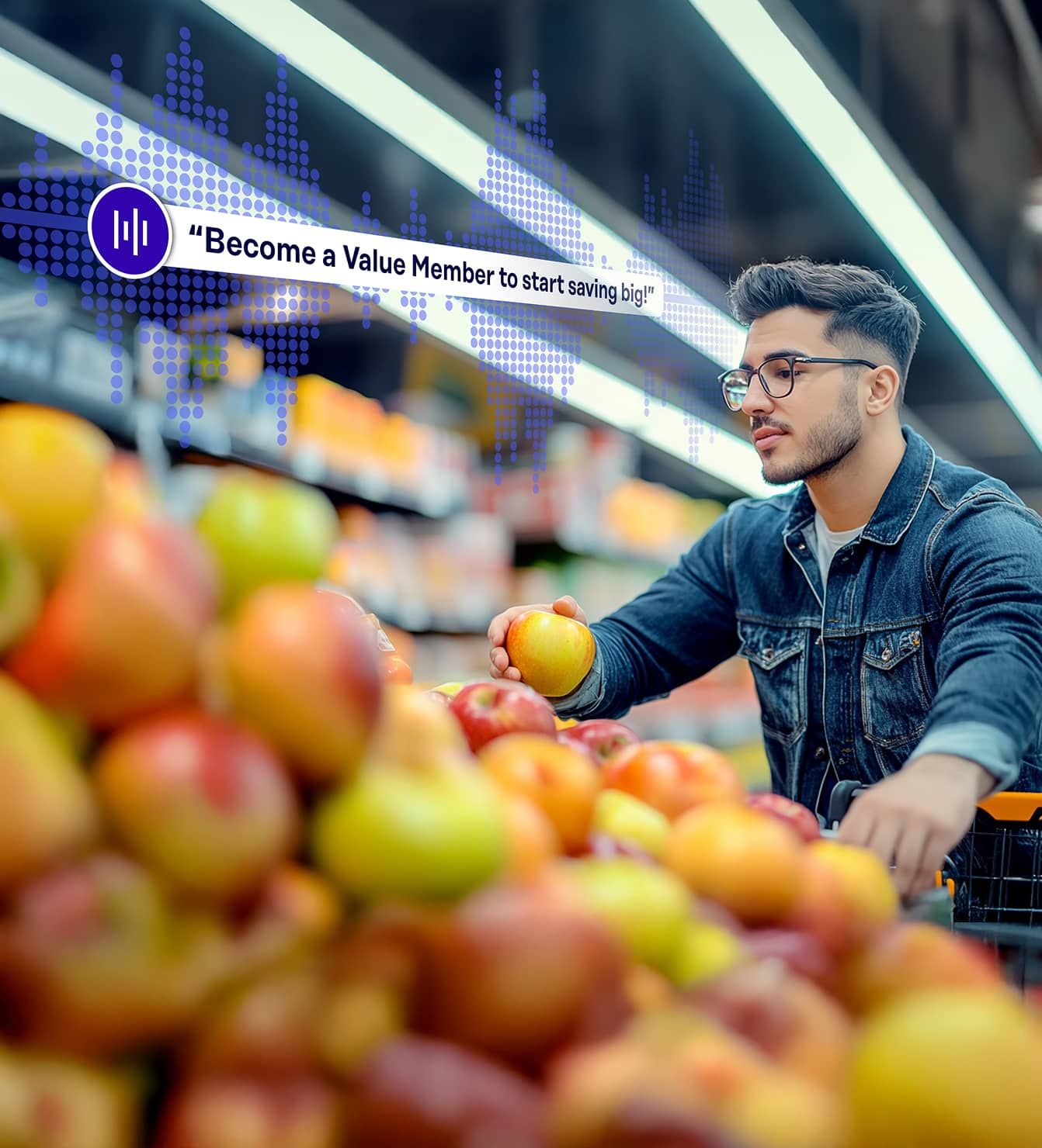 Grocery shopper with audio messaging promoting loyalty offer
