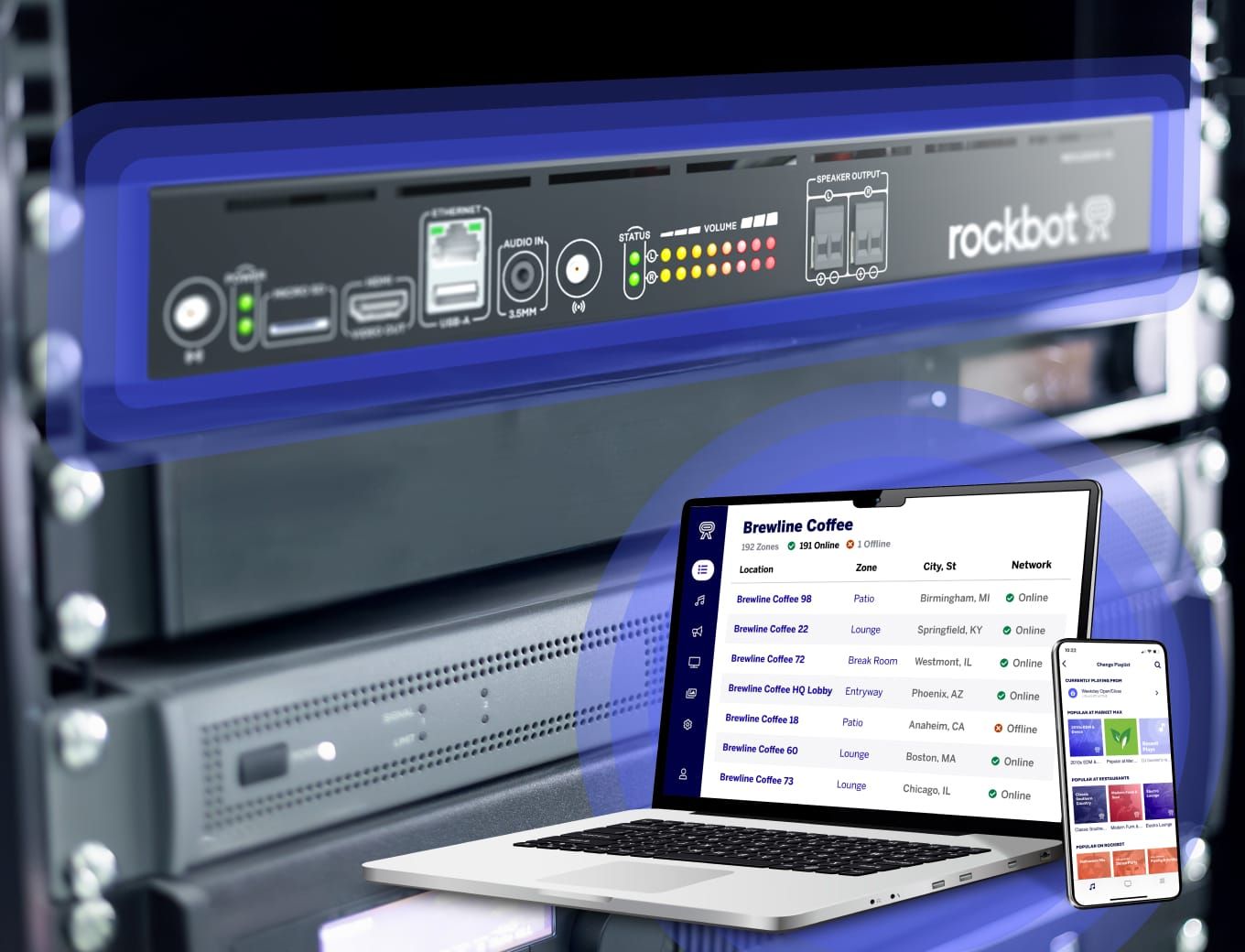 Rockbot Smart Amp and dashboard showing connected devices and remote monitoring