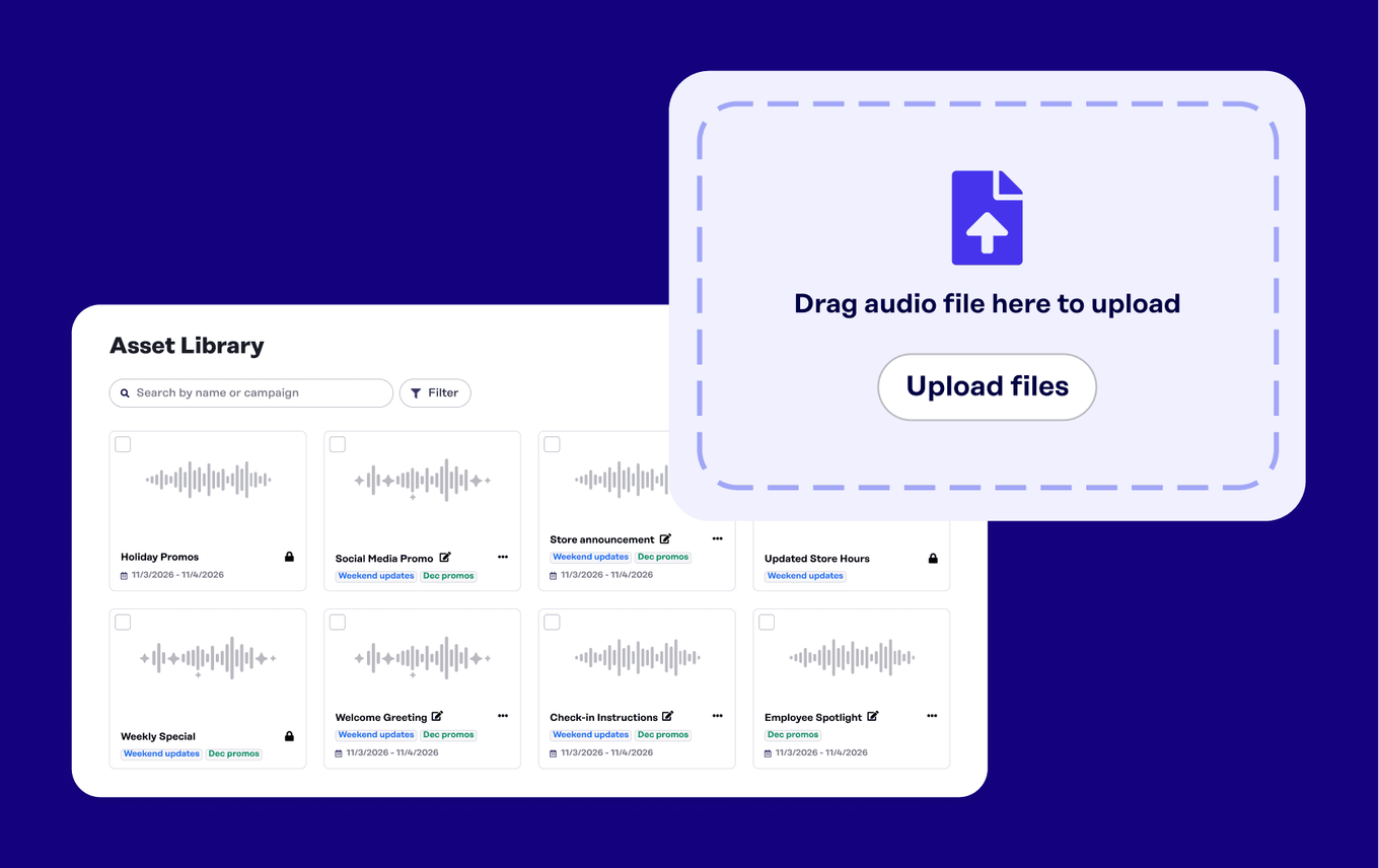 Rockbot Dashboard Asset Library showing a grid of audio message files including Holiday Promos, Welcome Greeting, and Weekly Special