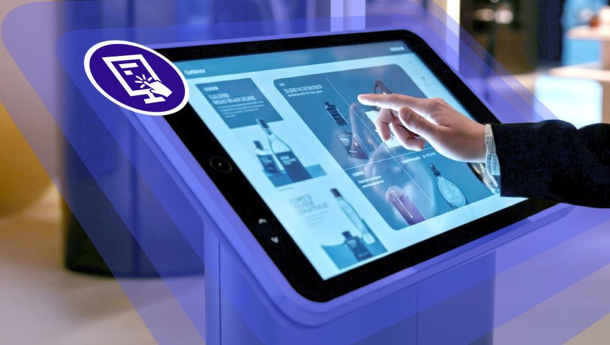 A Rockbot in-store interactive retail display podium that a man is browsing through