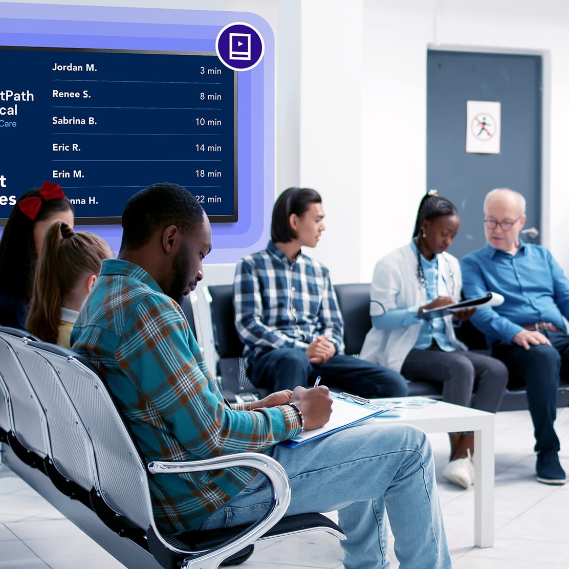 Rockbot signage showing live waitlists and order status updates in a business setting.
