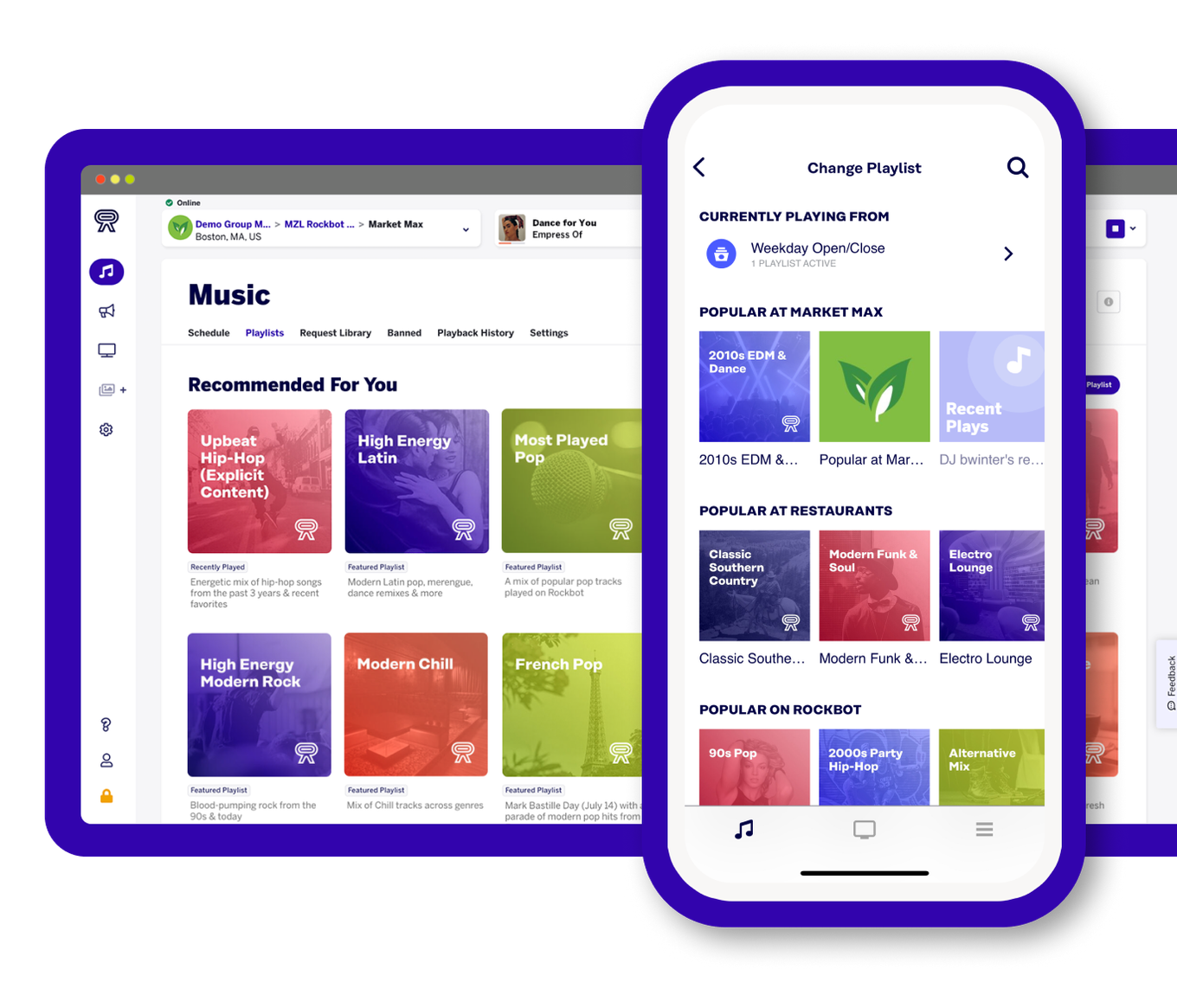 Rockbot Dashboard and Remote app interface showing music management tools for in-location media control across desktop and mobile.