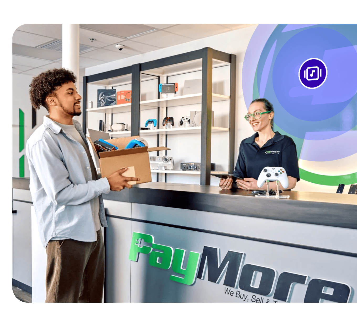 PayMore employee assisting customers at the checkout counter with Rockbot-powered in-store audio playing